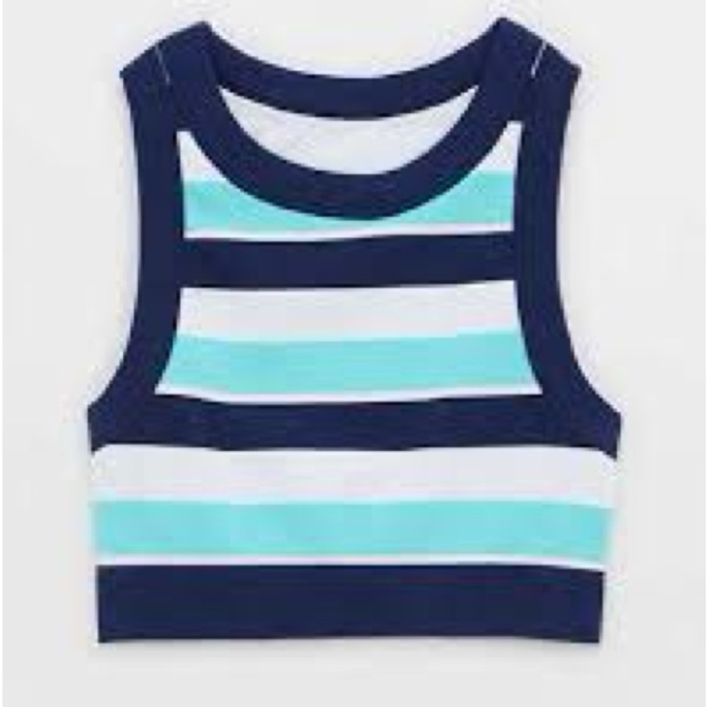 OFFLINE by Aerie Seamless High Neck Sports Bra in Turquoise / Navy Stripe